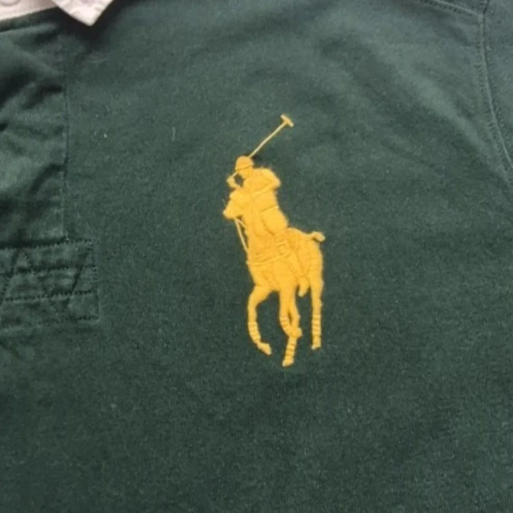 Polo Ralph Lauren men's green rugby shirt Yellow Big Pony Logo #2 LS Y2K‎ VTG